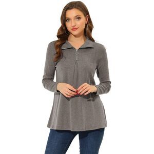 Swing Blouse Mock Neck Long Sleeve Zip Up Tunic Top Grey Brown